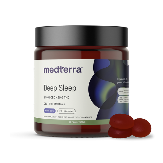 Deep Sleep CBD Gummies jar with 25mg CBD, 2mg THC, and melatonin, featuring mixed berry flavor.