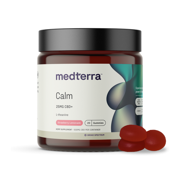 Front view of Calm CBD gummies jar showing label Calm 25 mg CBD+ with strawberry lemonade flavor and three red gummies on a white background