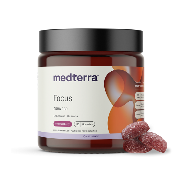 Front view of Medterra Focus 25 mg CBD gummies jar with red raspberry gummies beside it on white background