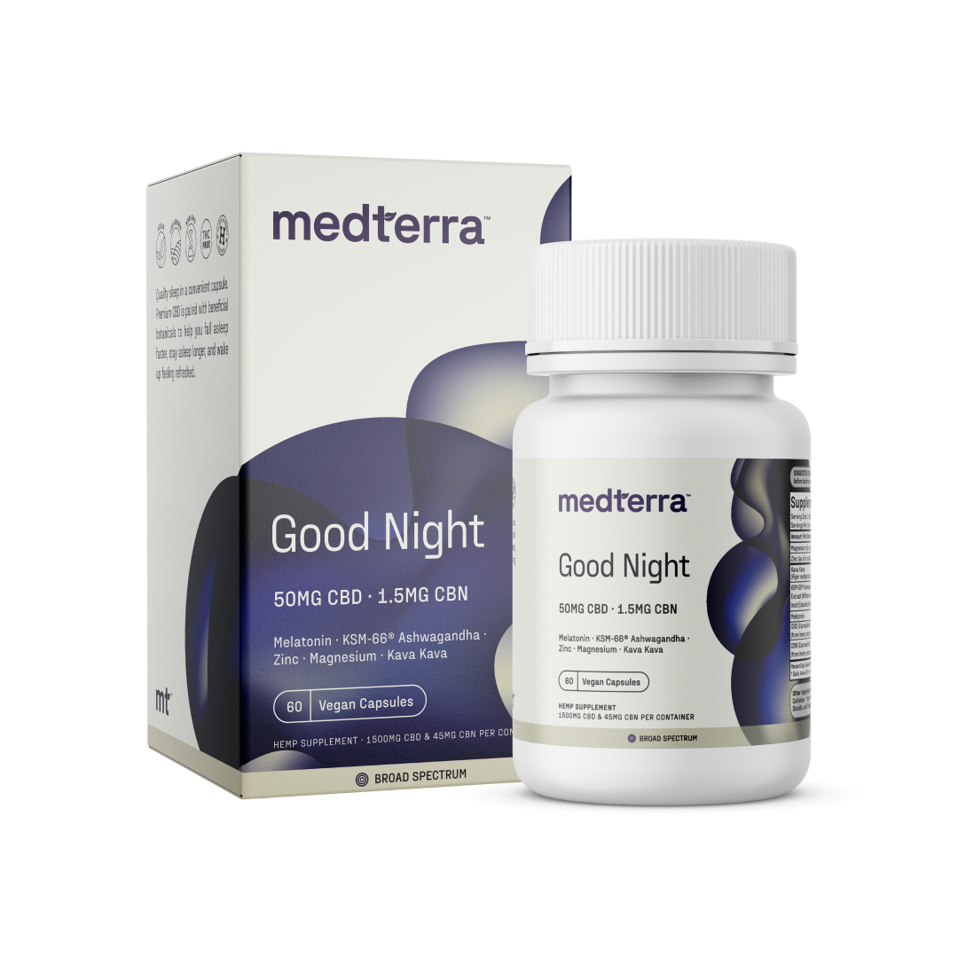 Medterra Good Night Capsules bottle and box, 50mg CBD, 1.5mg CBN, melatonin, magnesium, ashwagandha, zinc, kava kava, 60 vegan capsules.