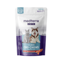 Medterra Pet CBD Calming Chews package, bacon flavor, 10mg CBD per chew, 30 soft chews, THC-free, enriched with Valerian Root.