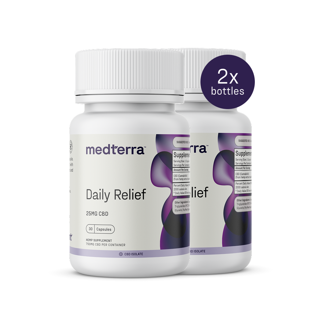 Two bottles of Medterra's Daily Relief CBD Isolate Capsules, featuring 25mg per serving. The white label with purple and black accents emphasizes "THC-free" and "on-the-go relief," with a circular badge noting "2x bottles.