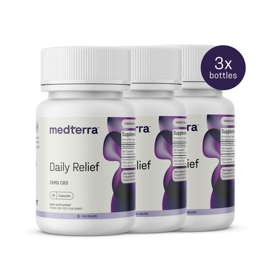Displayed are three Medterra Daily Relief bottles, each with 25mg CBD Isolate Gel Capsules. The labels are purple and white, featuring a "3x bottles" purple circle for easy identification—ideal for on-the-go relief and THC-free.