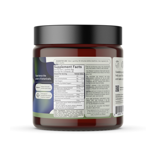 Deep Sleep CBD Gummies jar with 25mg CBD, 2mg THC, and melatonin, featuring mixed berry flavor.