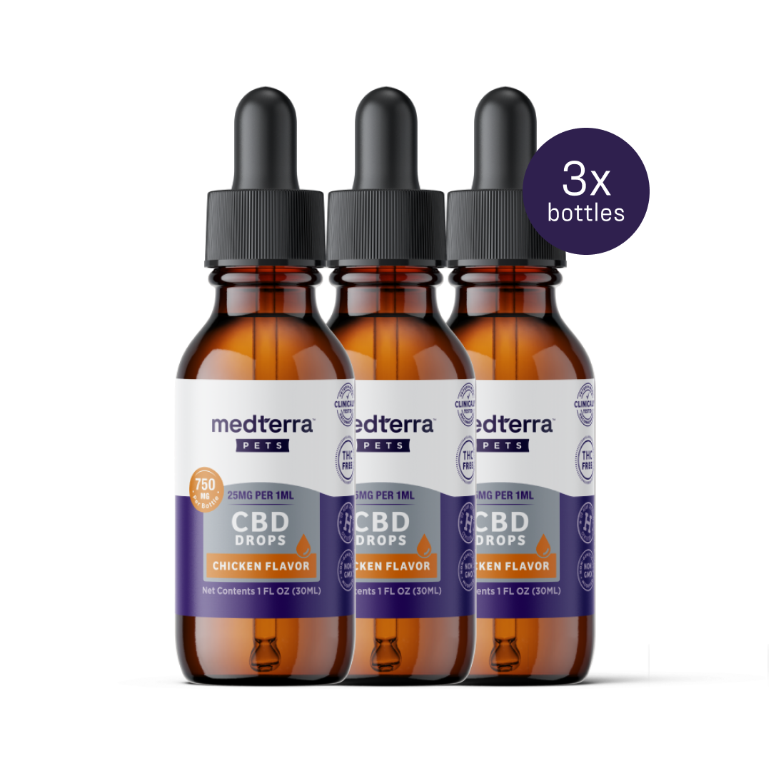 Three medterra PETS CBD DROPS (750 MG, 25MG PER 1ML) CHICKEN FLAVOR, NET CONTENTS 1 FL OZ (30ML) — 3x bottles
