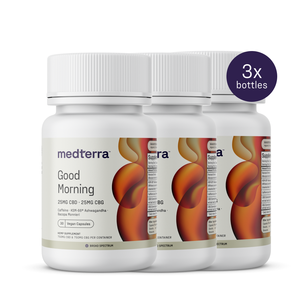 Three Medterra Good Morning Capsules bottles are displayed, each with 25mg of CBD and CBG, adaptogenic herbs like ashwagandha, plus caffeine. The top right corner features a "3x bottles" tag.