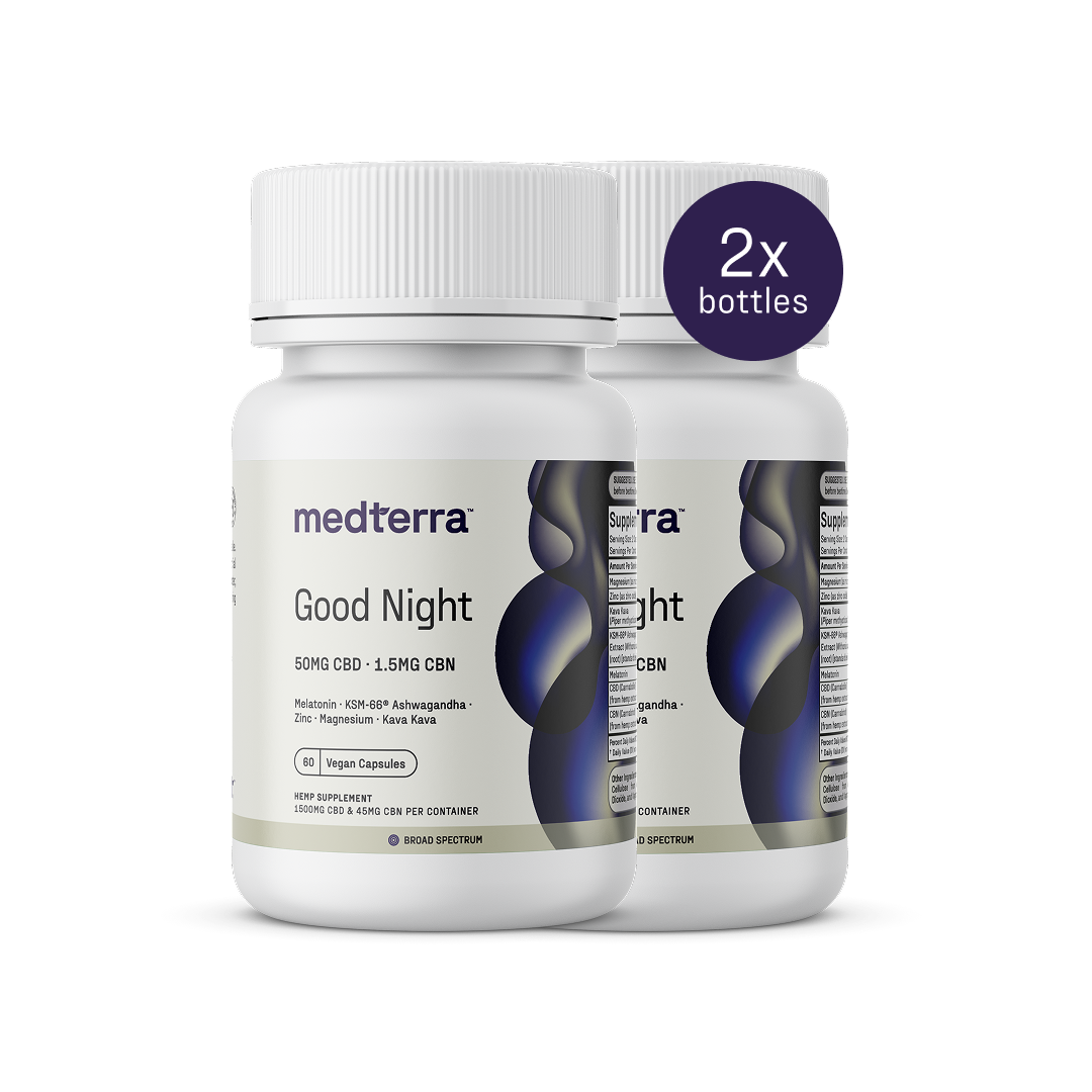 Two Medterra Good Night Capsules bottles feature 50mg CBD, 1.5mg CBN, and melatonin. Labels emphasize Ashwagandha and Kava for restful sleep. "2x bottles" is in the top right on a plain dark background.