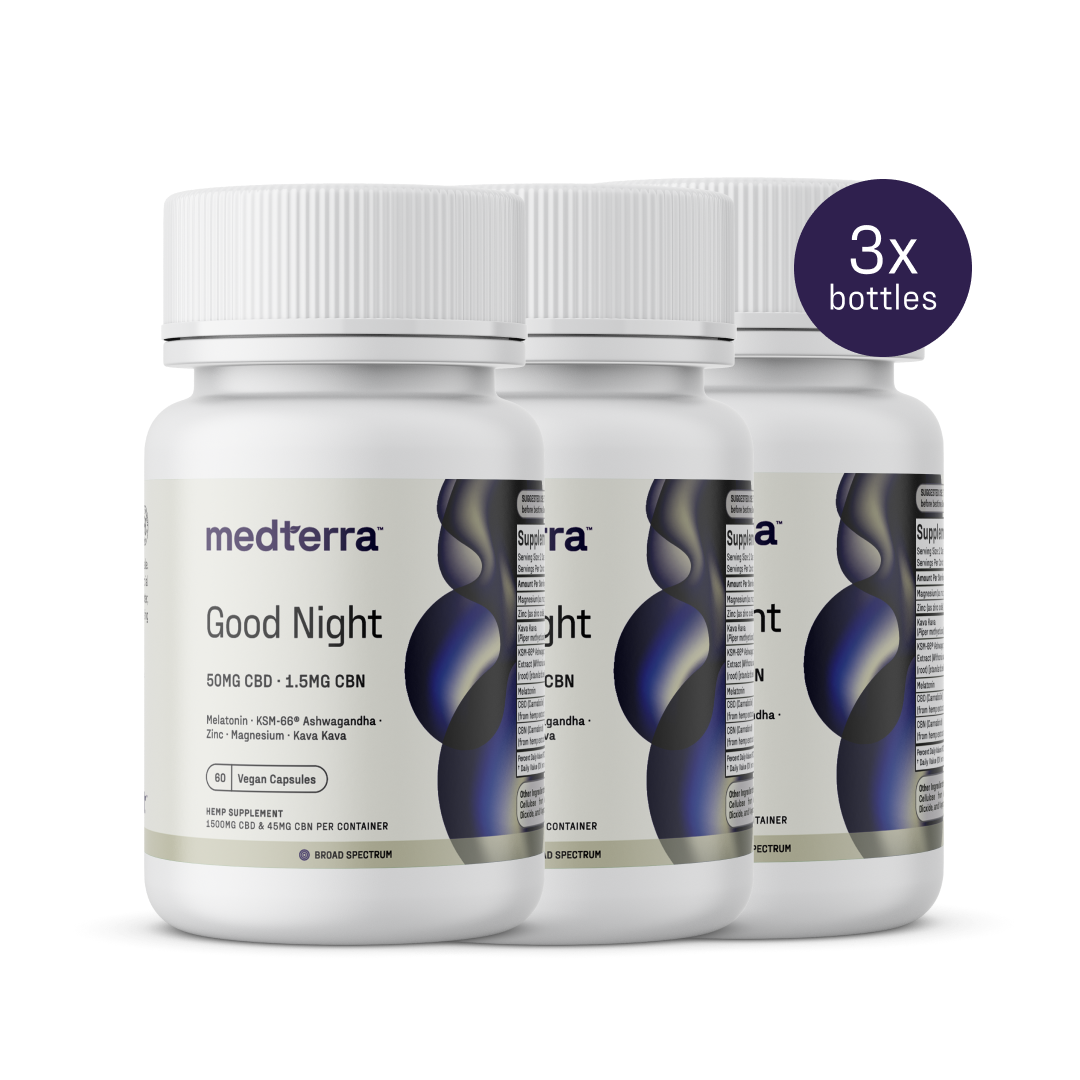 Three Medterra Good Night Capsules bottles are displayed, each with 50mg CBD, 1.5mg CBN, and melatonin to aid sleep. A "3x bottles" purple circle highlights this vegan product.