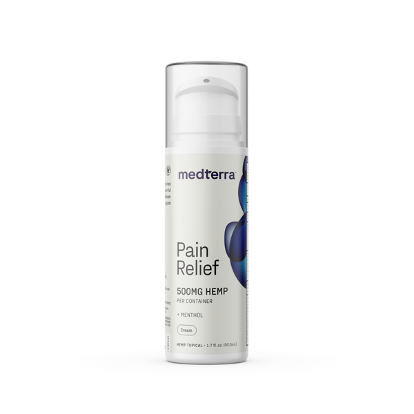 Front view of Pain Relief cream bottle showcasing 500mg hemp label and pump-top dispenser on white background