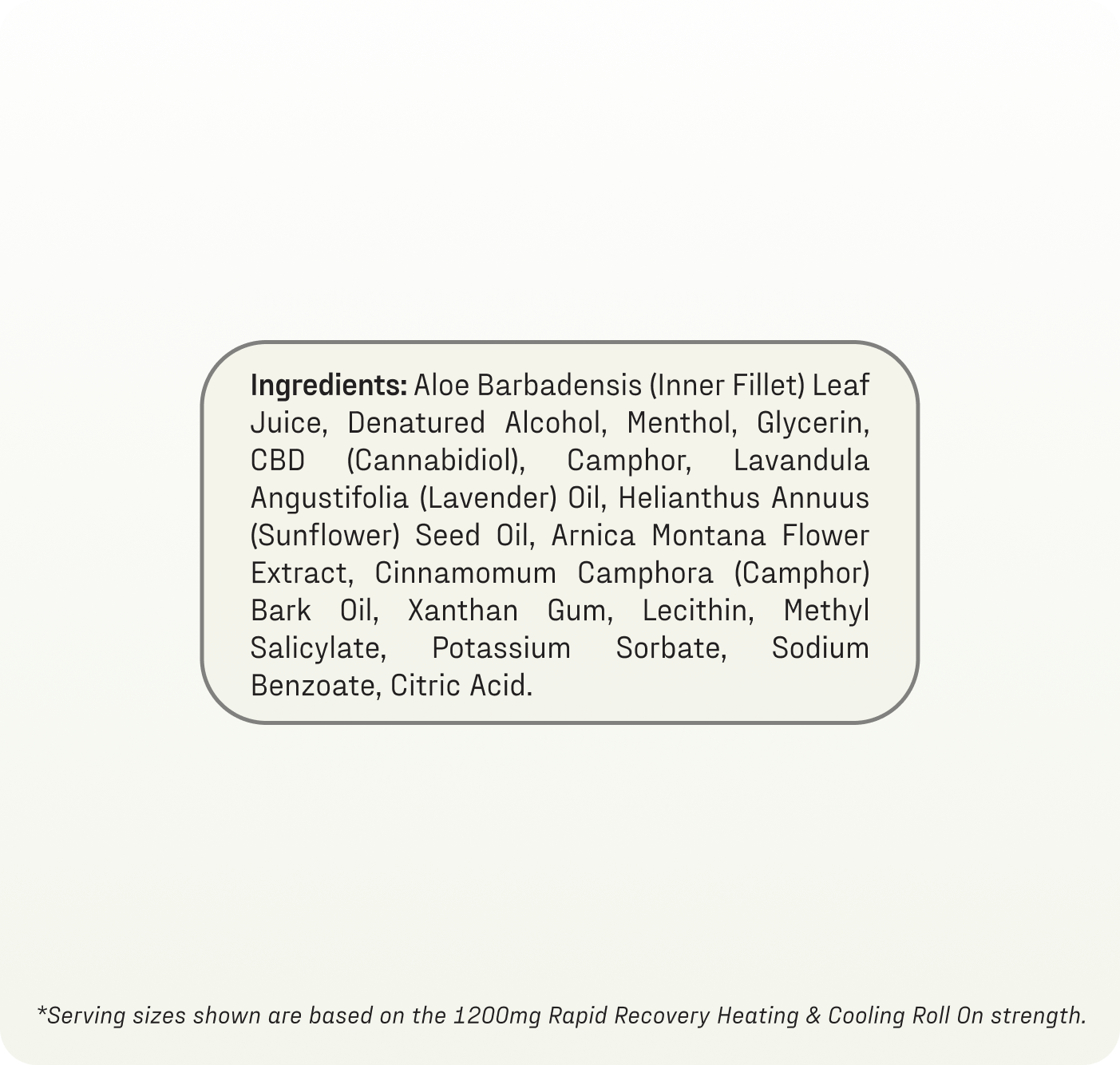 The ingredient label for Medterra's Heating-Cooling Rapid Recovery Roll On includes aloe barbadensis leaf juice, denatured alcohol, menthol, glycerin, CBD, camphor, lavender oil, sunflower seed oil, arnica flower extract, and other rapid recovery components.