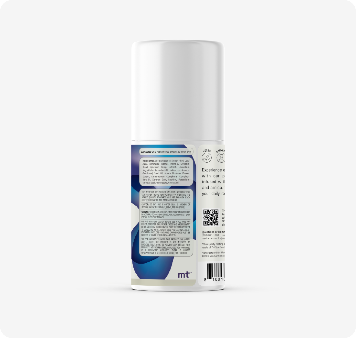 A white spray bottle of Medterra Rapid Recovery Cooling 1200mg CBD Roll On, shown from the back with a blue abstract label detailing fast sore muscle relief, usage, ingredients, certifications, a QR code, and a barcode at the bottom.