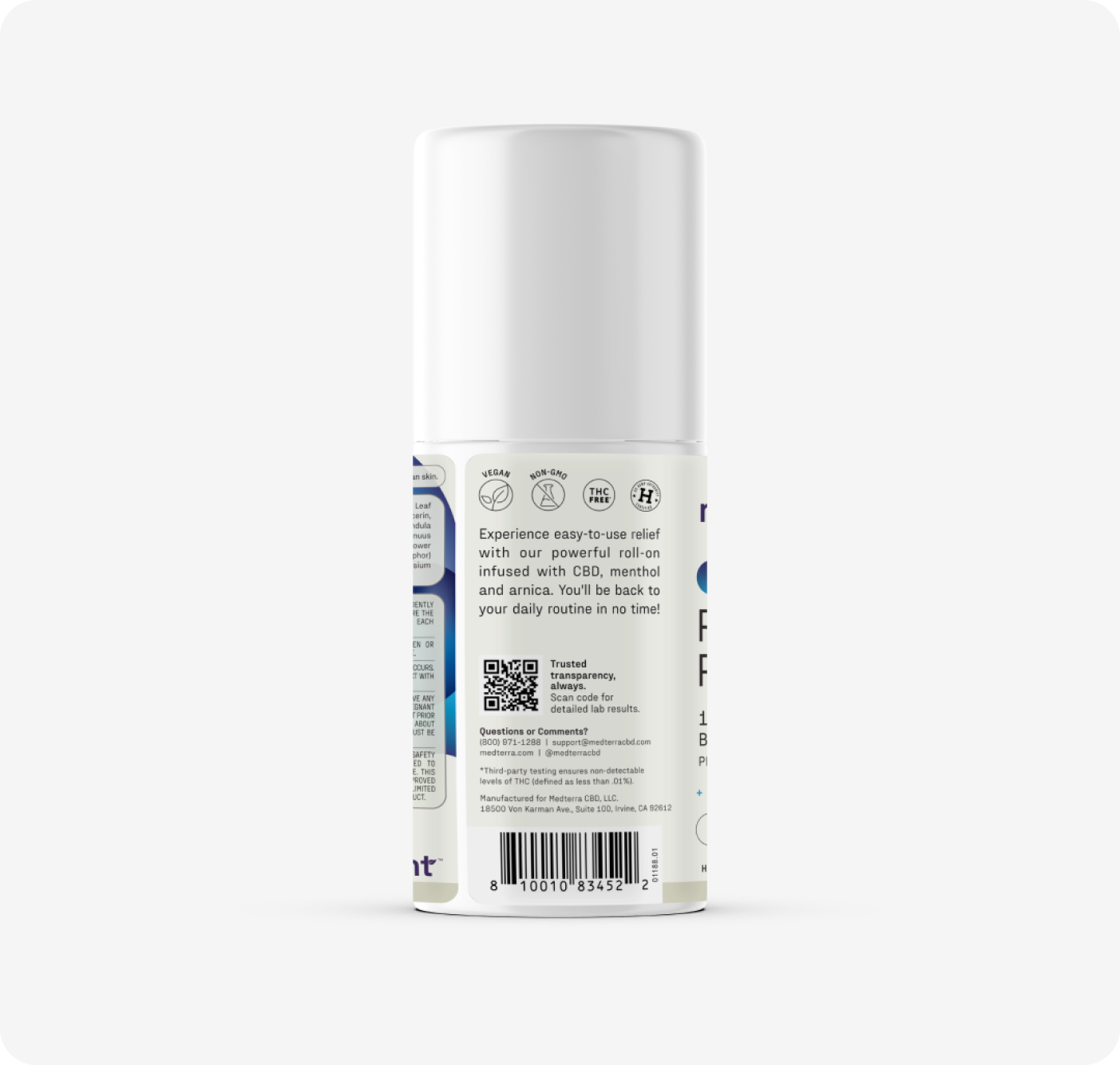 A white cylindrical Medterra Rapid Recovery Cooling 1200mg CBD Roll On bottle features a label with product info, QR code, icons, and a barcode at the bottom. It highlights rapid relief for sore muscles with CBD, menthol, and arnica.
