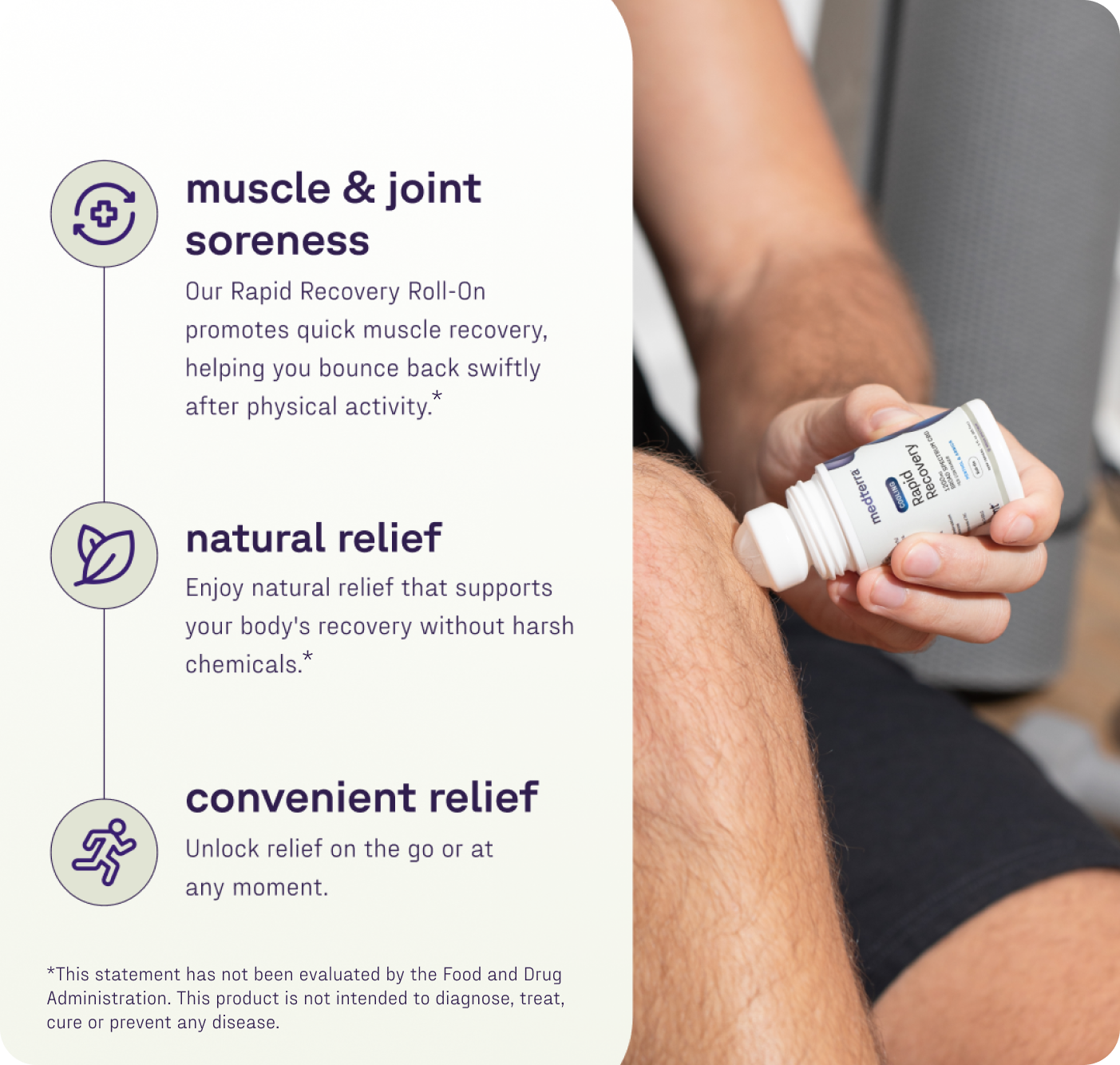 Someone uses the Medterra Rapid Recovery Cooling 1200mg CBD Roll On on their knee. Text highlights fast relief for sore muscles and joints, natural formula with no harsh chemicals, and easy on-the-go use.
