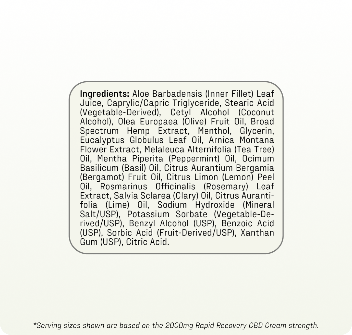 Medterra’s Rapid Recovery Cooling 2000mg CBD Cream features a white label listing aloe barbadensis inner leaf juice, vegetable oils, glyceryl stearate, menthol, and essential oils—ideal for muscle relief and easing joint discomfort.
