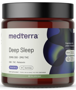 Medterra Deep Sleep CBD Gummies - 25mg CBD, 2mg THC, Mixed Berry flavor, 30 gummies per container