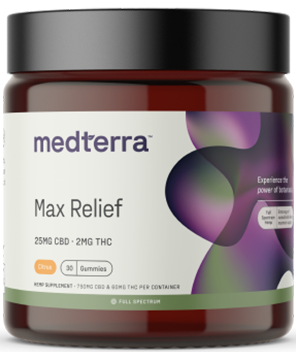 Medterra Max Relief CBD Gummies - 25mg CBD, 2mg THC, Citrus flavor, 30 gummies per container