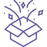 Open box with geometric shapes and lines in purple, symbolizing excitement for subscription box delivery.