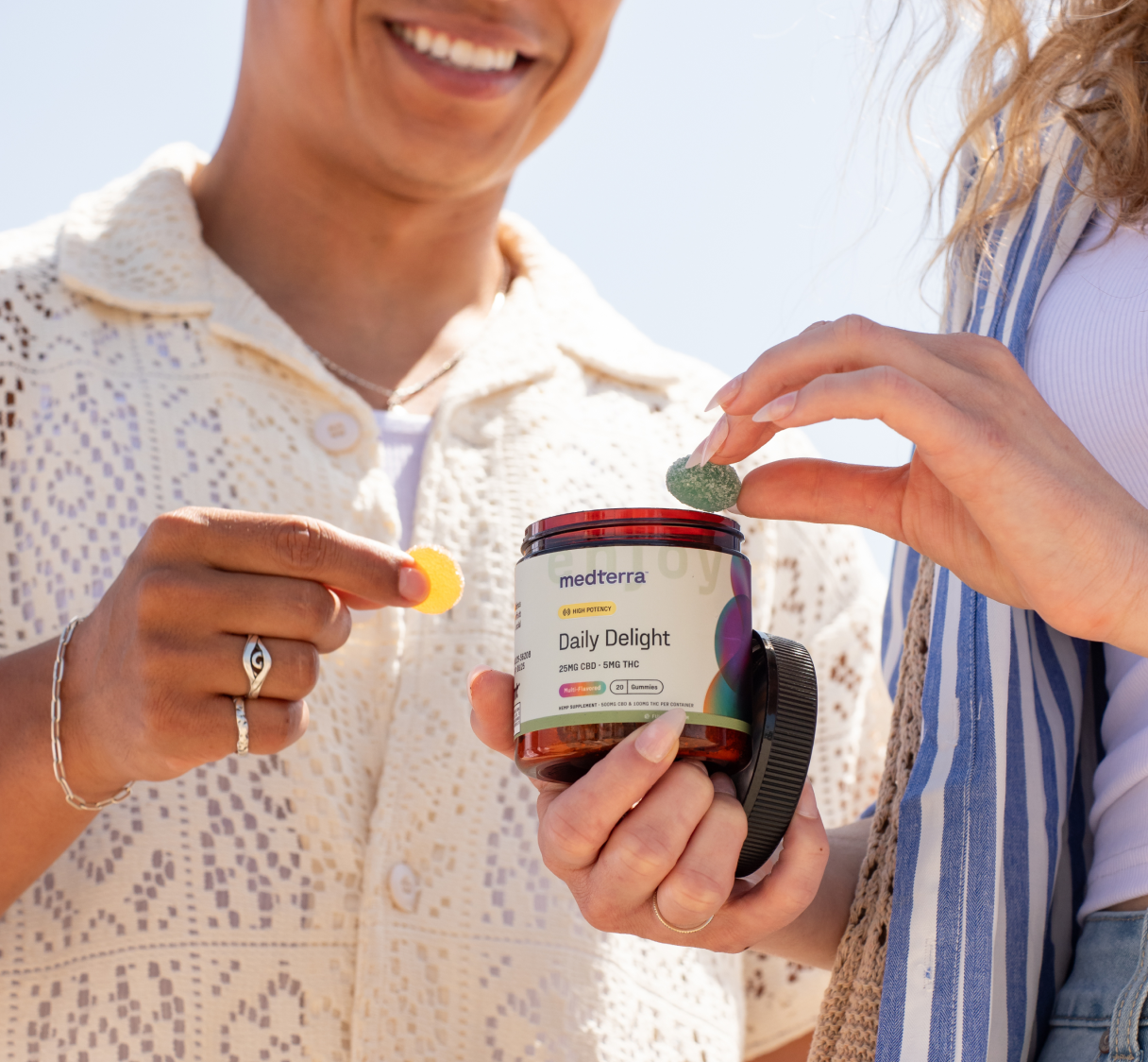 Two people holding a jar of Medterra Daily Delight CBD gummies, one yellow and one green gummy visible.