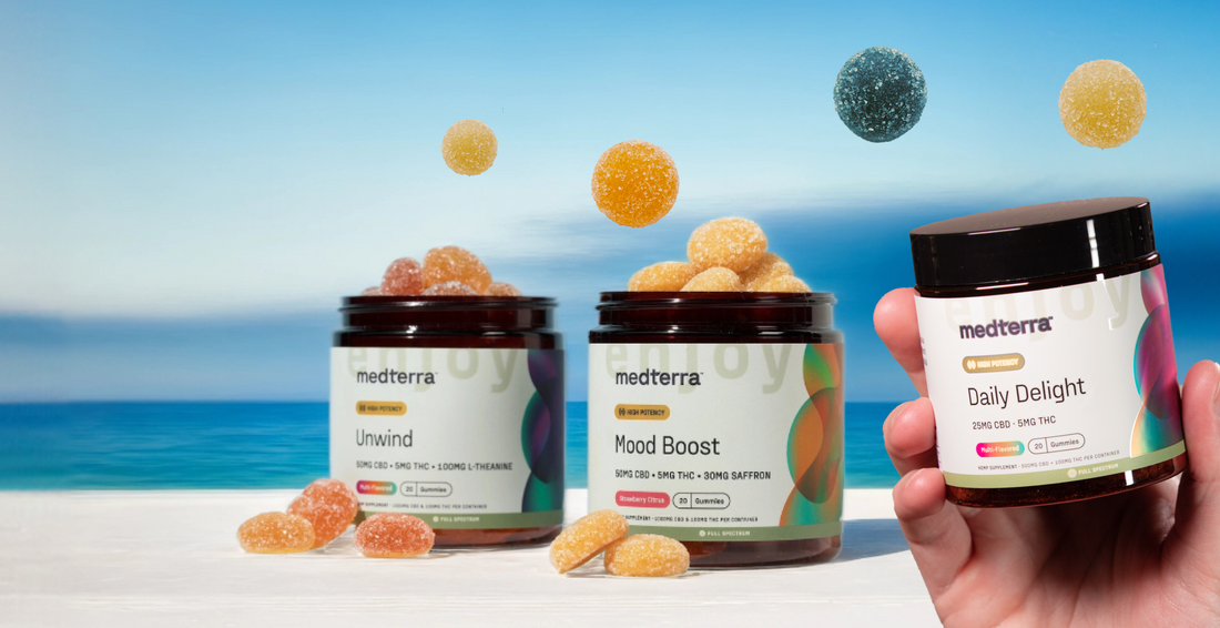 Three jars of Medterra CBD and THC gummies labeled Unwind, Mood Boost, and Daily Delight are displayed on a beach backdrop, with colorful gummies floating above and one jar held in a hand.