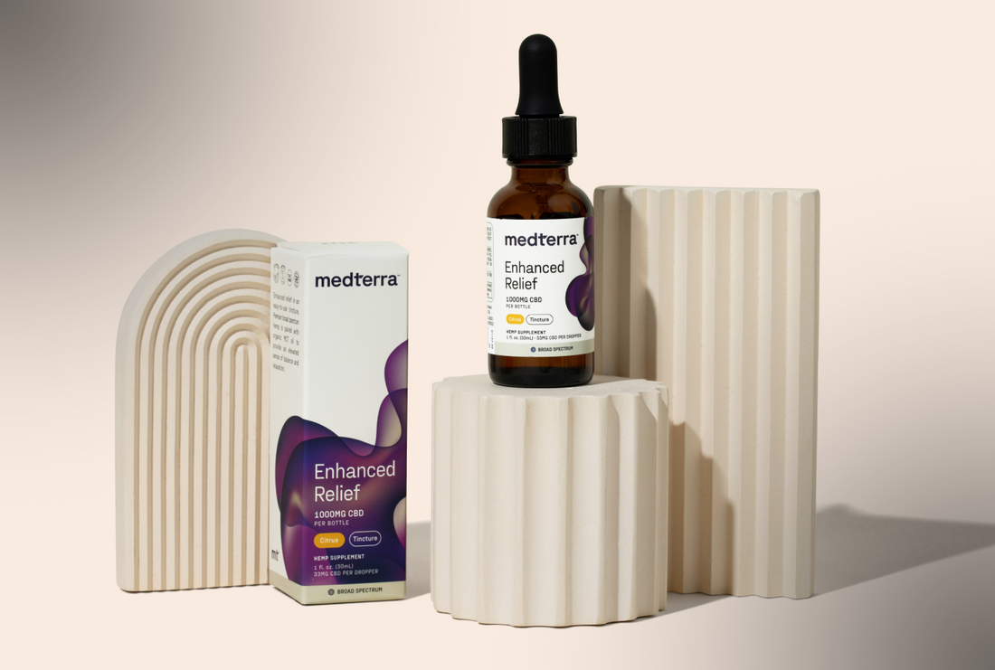 medterra bottle and box labeled Enhanced Relief 1000MG CBD PER BOTTLE; Citrus Tincture; HEMP SUPPLEMENT; BROAD SPECTRUM