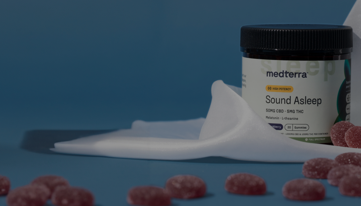 medterra jar labeled 'Sound Asleep' — HIGH POTENCY; 50MG CBD · 5MG THC; Melatonin · L-theanine; Blackberry 20 Gummies; FULL SPECTRUM; gummies on table