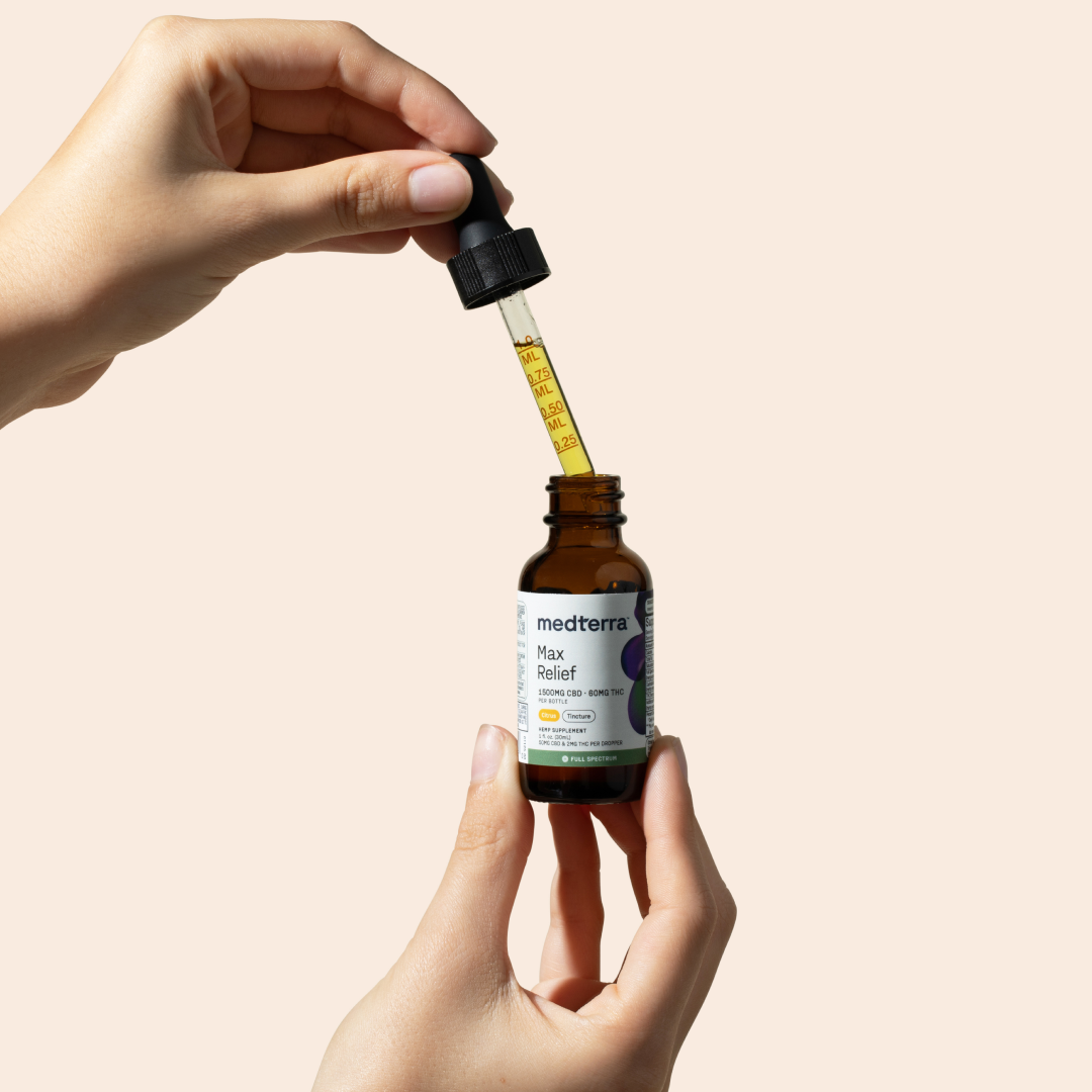 Hands holding Medterra Max Relief tincture and dropper; dropper shows 0.25 ML 0.50 ML 0.75 ML markings.