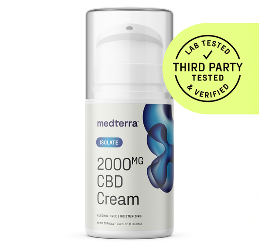 The Medterra WM: Isolate 2,000mg Cream features a blue design and is alcohol-free, moisturizing, and ideal for your wellness routine. A yellow badge states: "Lab Tested, Third Party Tested & Verified.