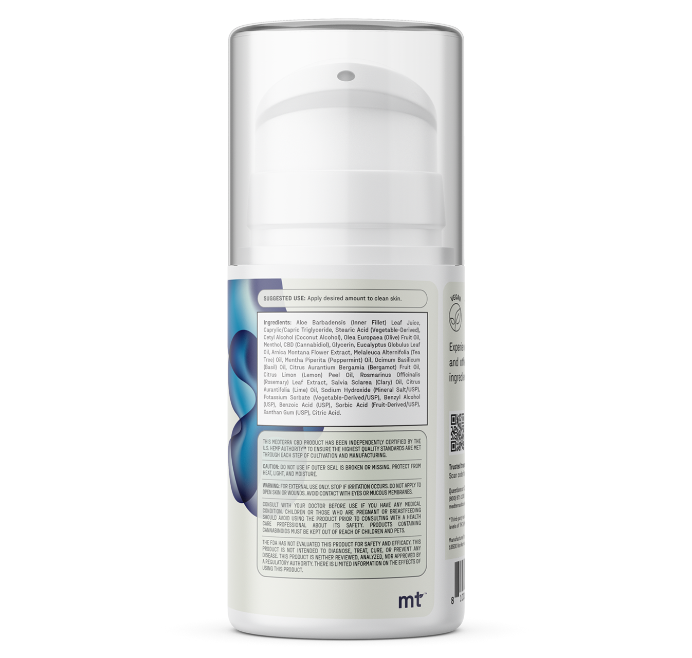 A white cylindrical bottle of Medterra’s WM: Isolate 2,000mg Cream with a pump dispenser features a label detailing ingredients, usage instructions, and certification logos. Blue accents emphasize its soothing benefits for wellness routines.