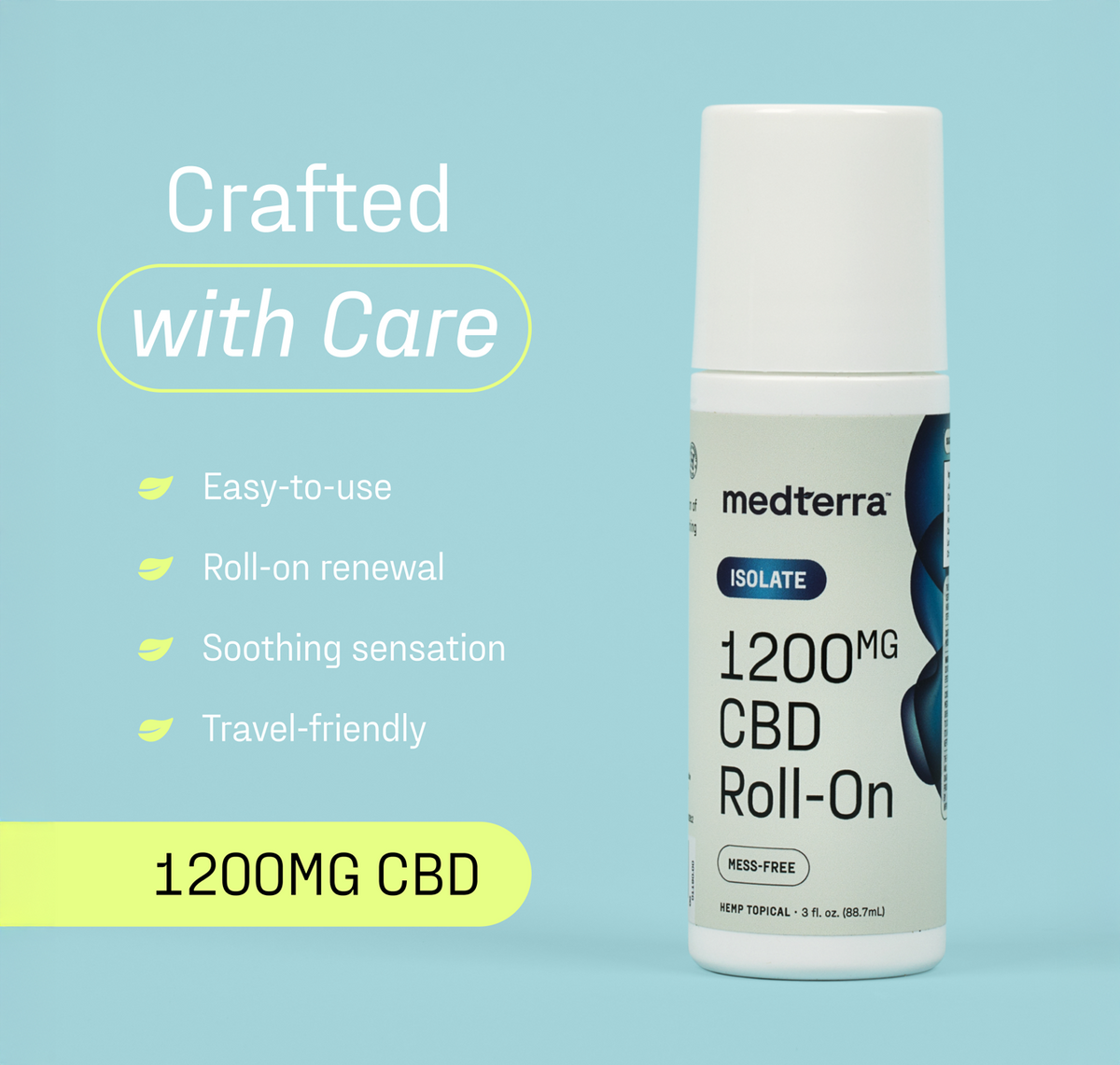 Front-right view of WM: Isolate 1200mg (3 fl oz) CBD Roll-On showing Crafted with Care headline and features on light blue