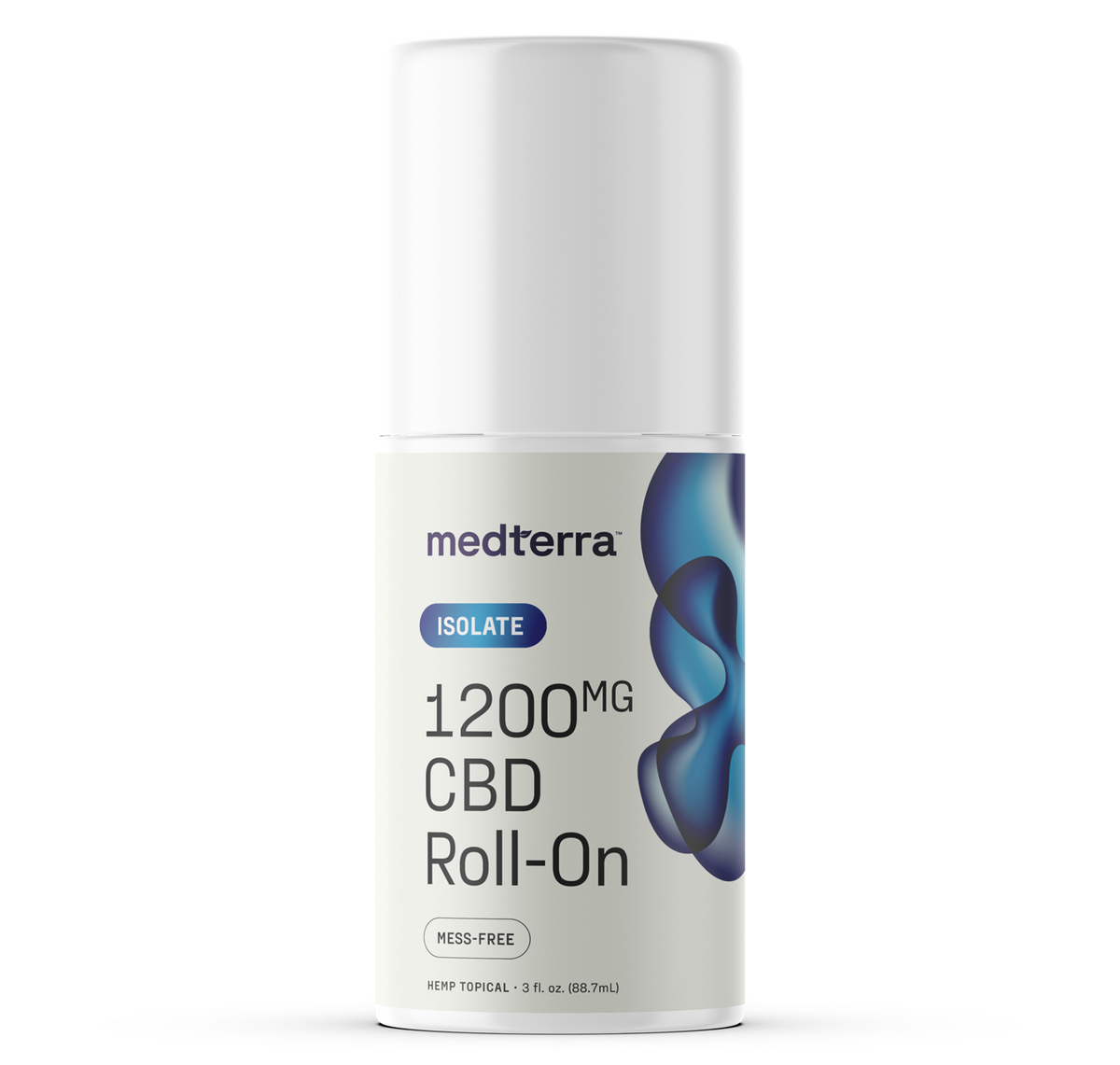 Front view of WM: Isolate 1,200mg Roll-On showcasing Isolate badge, 1200MG text and blue abstract design on white background