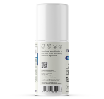 Rear view of WM: Isolate 1,200mg Roll-On showing QR code and certification icons with white cap on white background