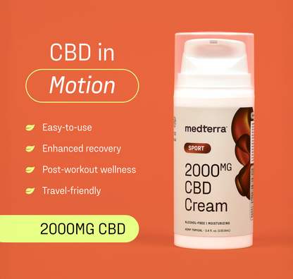 A bottle of Medterra WM: Sport 2,000mg Cream is displayed on an orange background, with text highlighting its easy-to-use and menthol-infused formula for enhanced recovery, post-workout wellness, and travel-friendly convenience.