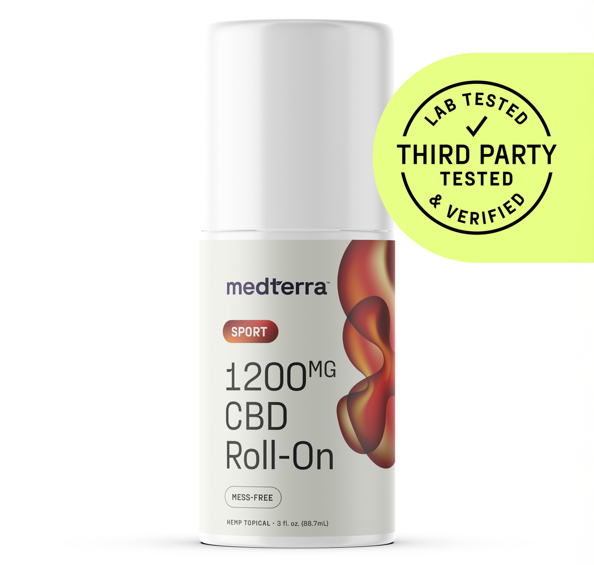 Front view of WM Sport 1200mg CBD roll-on bottle showing label and third-party Lab Tested badge on white background