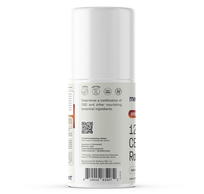 Side close-up of WM: Sport 1,200mg Roll-On showing label text, QR code and barcode on white background