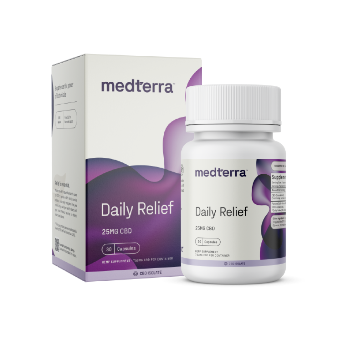 Medterra Daily Relief CBD Isolate Capsules bottle and box, 25mg CBD per capsule, 30 capsules total.