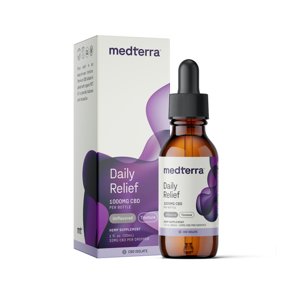 Medterra Daily Relief CBD Isolate Oil dropper bottle and box, unflavored hemp supplement tincture with Organic MCT Oil.