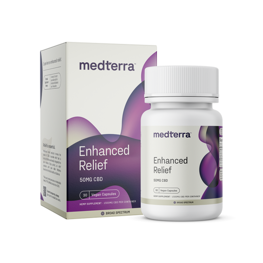 Medterra Enhanced Relief Broad Spectrum Capsules box and bottle, 50mg CBD, Vegan Capsules, 30 count.