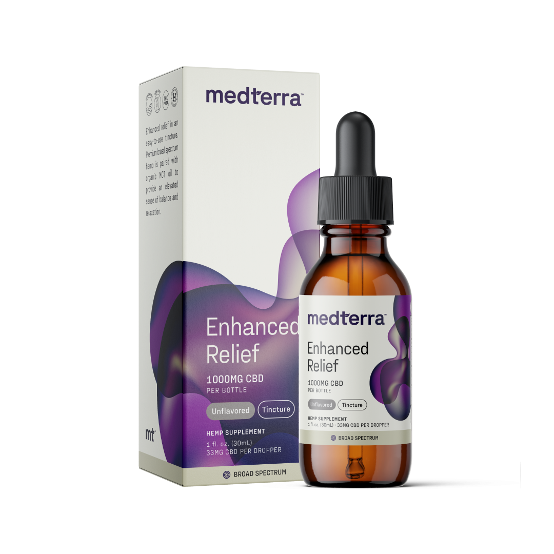 Medterra Enhanced Relief Broad Spectrum CBD Oil bottle with box, 1000mg CBD, Unflavored, Tincture, 33mg CBD per dropper.