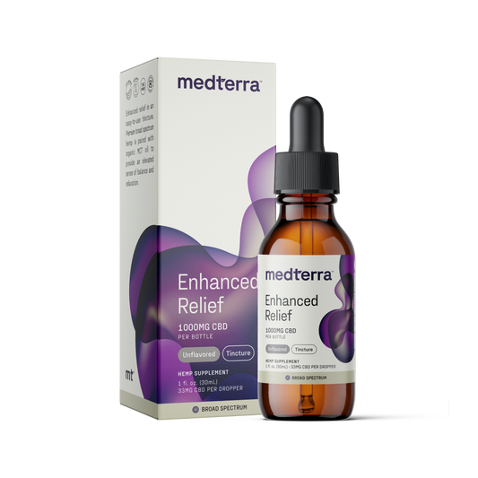 Medterra Enhanced Relief Broad Spectrum CBD Oil bottle with box, 1000mg CBD, Unflavored, Tincture, 33mg CBD per dropper.