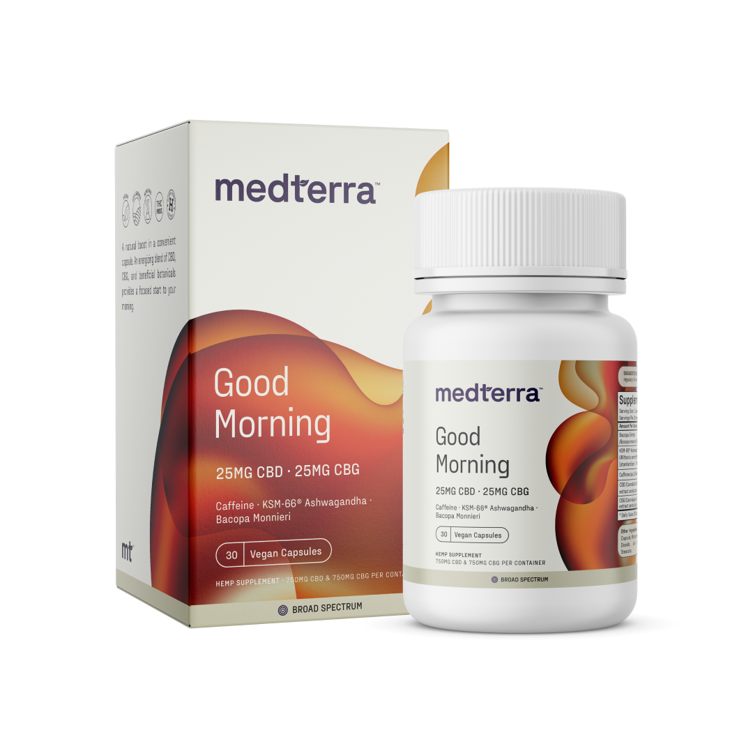 Medterra Good Morning Capsules box and bottle, 25mg CBD, 25mg CBG, caffeine, KSM-66® Ashwagandha, Bacopa Monnieri, 30 vegan capsules.