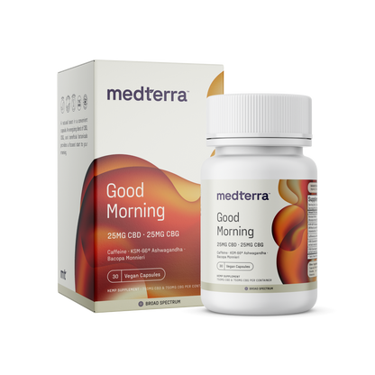 Medterra Good Morning Capsules box and bottle, 25mg CBD, 25mg CBG, caffeine, KSM-66® Ashwagandha, Bacopa Monnieri, 30 vegan capsules.
