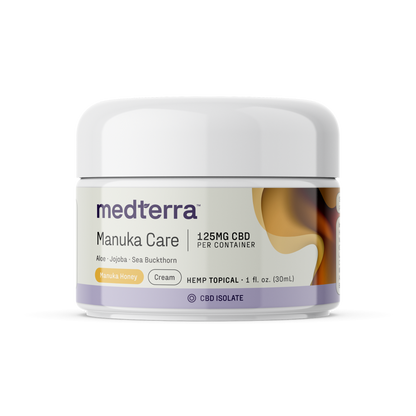 1 fl. oz. jar of Medterra Manuka Care Cream with 125mg CBD isolate, featuring aloe and manuka honey.