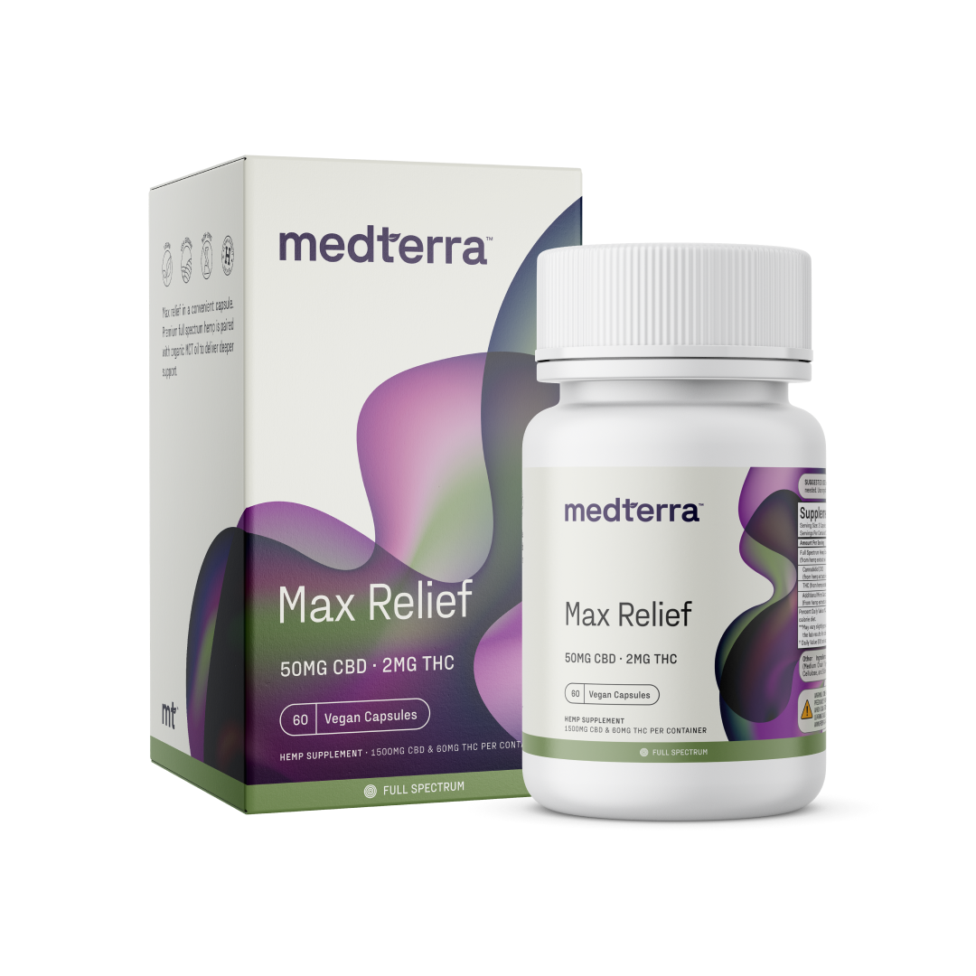 Medterra Max Relief Full Spectrum Capsules box and bottle, 60 capsules, 50mg CBD, 2mg THC.