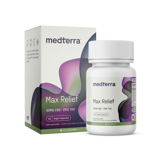 Medterra Max Relief Full Spectrum Capsules box and bottle, 60 capsules, 50mg CBD, 2mg THC.