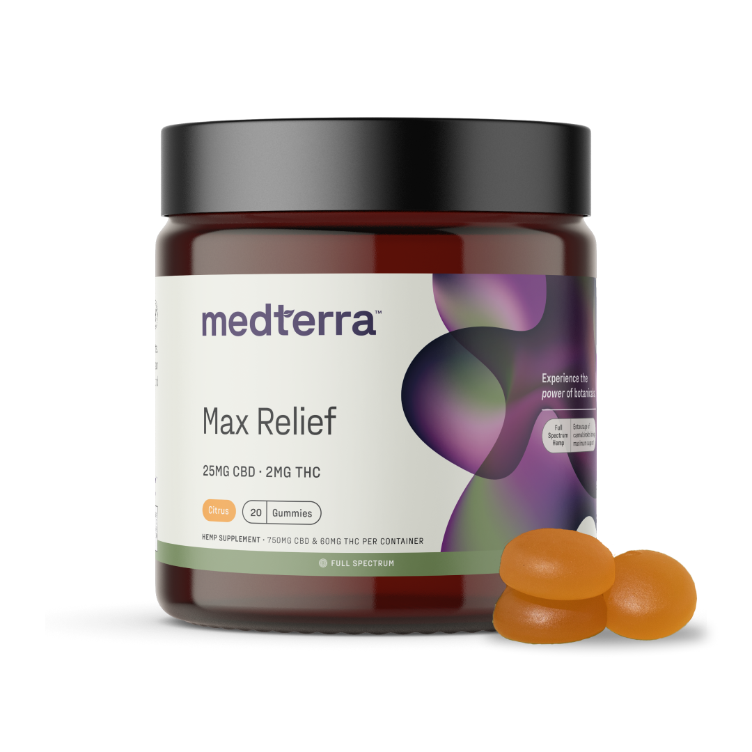 A container of Medterra Max Relief Full Spectrum CBD Gummies prominently features text indicating 25MG of CBD and 2MG of THC per gummy, highlighting the use of Full Spectrum Hemp Extract for the entourage effect. The dark amber jar has a black lid and contains a total of 20 citrus-flavored gummies, with three gummy candies showcased next to it.