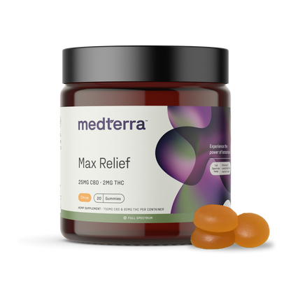 A container of Medterra Max Relief Full Spectrum CBD Gummies prominently features text indicating 25MG of CBD and 2MG of THC per gummy, highlighting the use of Full Spectrum Hemp Extract for the entourage effect. The dark amber jar has a black lid and contains a total of 20 citrus-flavored gummies, with three gummy candies showcased next to it.