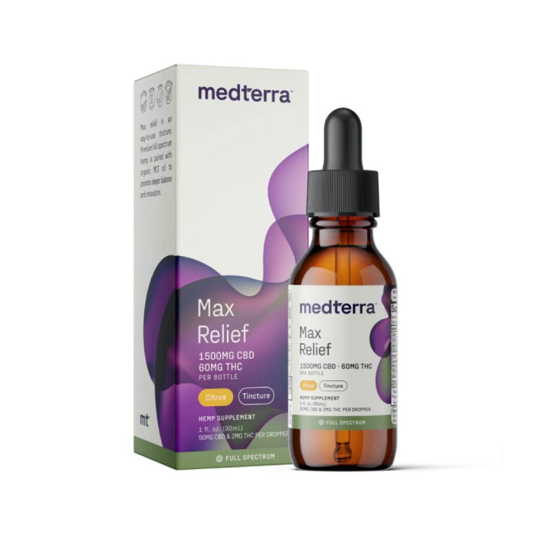 Medterra Max Relief Full Spectrum CBD Oil box and dropper bottle, 1500mg CBD, 60mg THC, citrus flavor.