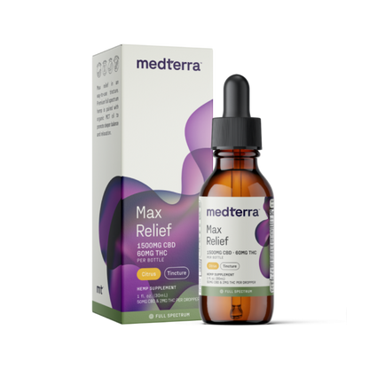 Medterra Max Relief Full Spectrum CBD Oil box and dropper bottle, 1500mg CBD, 60mg THC, citrus flavor.