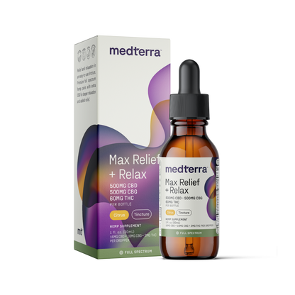 Max Relief + Relax Full Spectrum CBD Oil bottle with 500mg CBD, 600mg CBG, 60mg THC, citrus flavor.