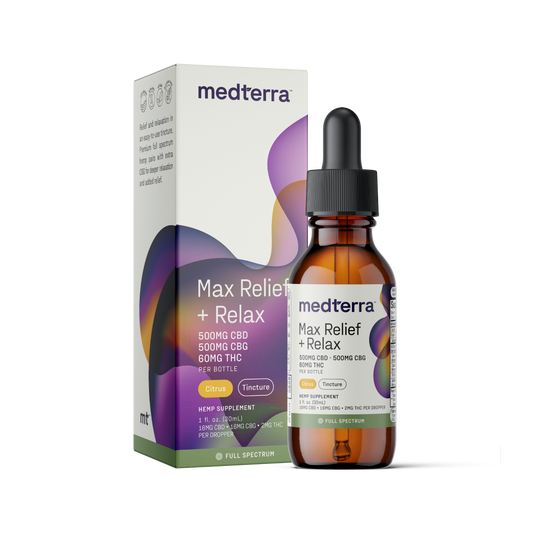 Max Relief + Relax Full Spectrum CBD Oil bottle with 500mg CBD, 600mg CBG, 60mg THC, citrus flavor.